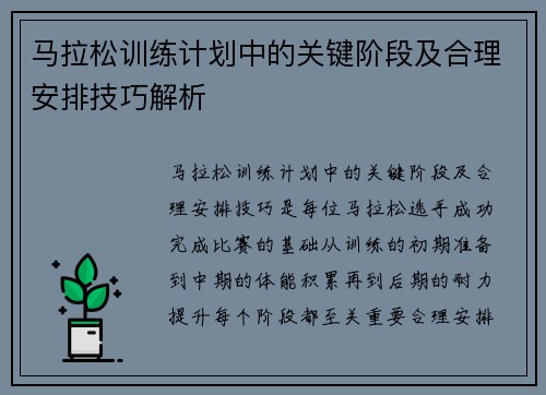 马拉松训练计划中的关键阶段及合理安排技巧解析