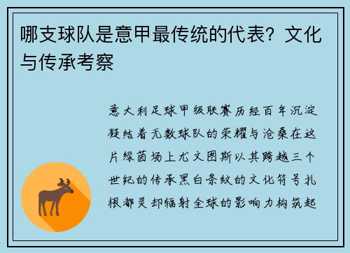 哪支球队是意甲最传统的代表？文化与传承考察
