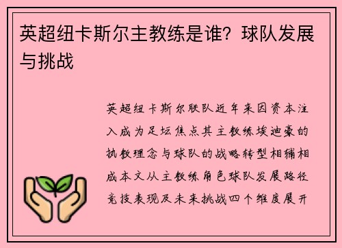 英超纽卡斯尔主教练是谁？球队发展与挑战