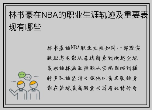 林书豪在NBA的职业生涯轨迹及重要表现有哪些